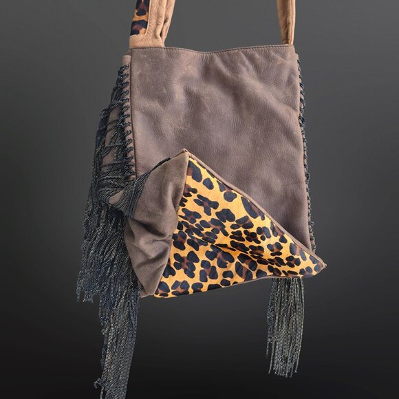 House Of Harlow 1960 Boho Brown Leather Leopard Calf Hair Bag Chain Fringe 2012 - Picture 8 of 11